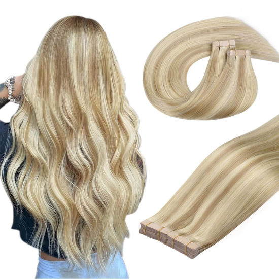 Picture of DOORES Tape in Hair Extensions Real Human Hair, Dark Blonde Highlighted Bleach Blonde 12 Inch 80g 40pcs, Hair Extensions Natural Remy Hair Straight Hair for Women
