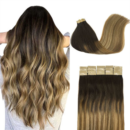 Picture of DOORES Hair Extensions Real Human Hair, Dark Brown to Dirty Blonde 10 Inch 30g 20pcs, Tape in Human Hair Extensions Natural Hair Straight Remy Hair Extensions