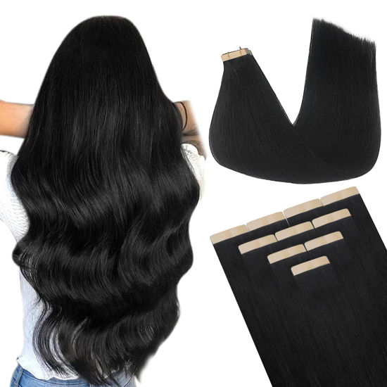 Picture of DOORES Human Hair Extensions, Jet Black 20 Inch 30g 10pcs, Tape in Hair Extensions Skin Weft Seamless Tape in Hair Extensions Remy Straight Hair for Women