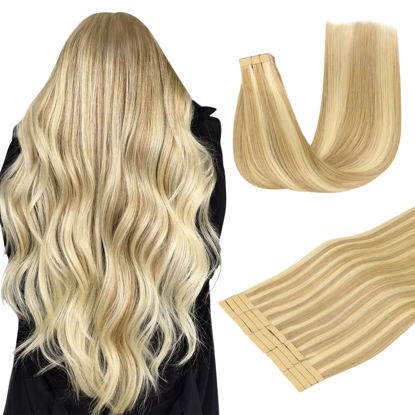 Picture of DOORES Hair Extensions Human Hair, Drity Blonde Highlight Golden Blonde 20pcs 50g 16 Inch, Human Hair Extensions Tape in Straight Hair Real Human Hair