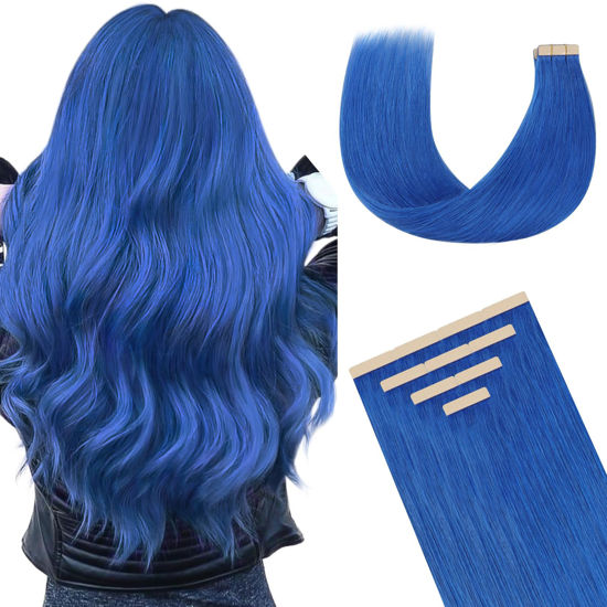 Picture of DOORES Tape in Hair Extensions, Blue Tape in Hair Extensions 22 Inch 10pcs 30g, Tape in Human Hair Extensions Natural Hair Straight Hair Extensions