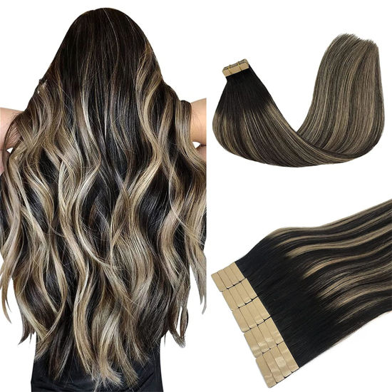 Picture of DOORES Tape in Hair Extensions Real Human Hair, Natural Black to Light Blonde 10 Inch 30g 20pcs, Hair Extensions Tape in Hair Remy Straight Hair Natural Hair for Women