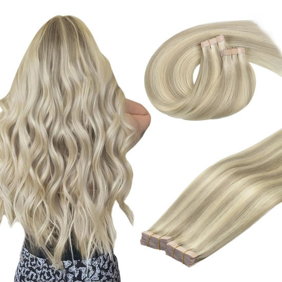 Picture of DOORES Hair Extensions Real Human Hair, Ash Blonde Highlighted Platinum Blonde 12 Inch 80g 40pcs, Tape in Hair Extensions Human Hair Straight Hair Skin Weft