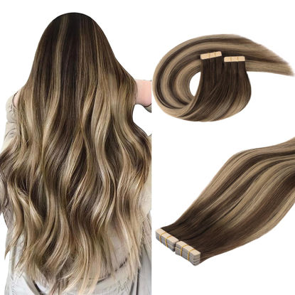 Picture of DOORES Hair Extensions Real Human Hair, Chocolate Brown to Honey Blonde 12 Inch 80g 40pcs, Tape in Human Hair Extensions Natural Hair Straight Remy Hair Extensions