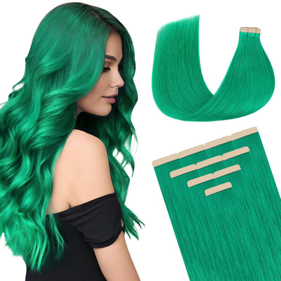 Picture of DOORES Human Hair Extensions, Green Tape in Hair Extensions 10pcs 22 Inch 30g, Tape in Hair Extensions Straight Skin Weft Seamless Invisible Tape