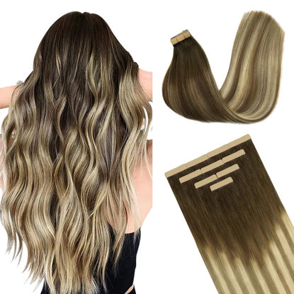 Picture of DOORES Hair Extensions Real Human Hair, Balayage Walnut Brown to Ash Brown and Bleach Blonde 26 Inch 10pcs 30g, Tape in Hair Extensions Real Hair Straight Remy Hair