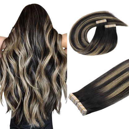 Picture of DOORES Hair Extensions Tape in Human Hair, Balayage Natural Black to Light Blonde 18 Inch 40pcs 100g, Real Tape in Human Hair Extensions Straight Skin Weft