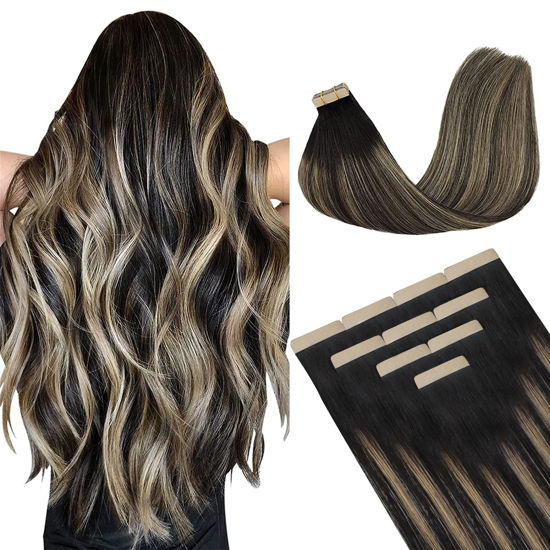 Picture of DOORES Tape in Hair Extensions Human Hair Balayage Natural Black to Light Blonde 24 Inch 10pcs 30g Human Hair Extensions Tape in Remy Natural Hair Extensions Straight