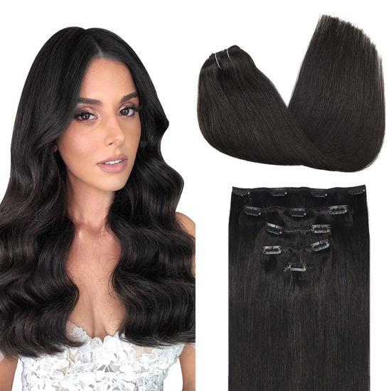Picture of DOORES Human Hair Extensions Clip in, 5pcs 80g Natural Black 18 Inch Clip in Hair Extensions Straight Natural Remy Hair Extensions