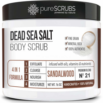 Picture of pureSCRUBS Premium Sandalwood Body Scrub Set - Large 16oz Dead Sea Salt Body Scrub With Infused Essential Oils & Nutrients, Includes Wooden Spoon, Loofah & Oatmeal Exfoliating Bar Soap