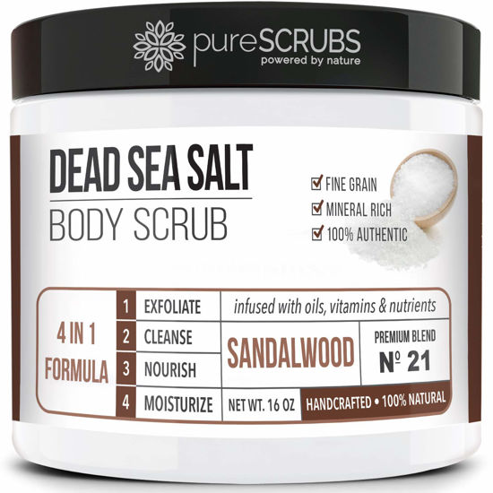 Picture of pureSCRUBS Premium Sandalwood Body Scrub Set - Large 16oz Dead Sea Salt Body Scrub With Infused Essential Oils & Nutrients, Includes Wooden Spoon, Loofah & Oatmeal Exfoliating Bar Soap