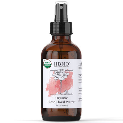 Picture of HBNO California Bottled Organic Rose Water for Face 4 fl oz (120ml) - USDA Certified Organic Rose Water Spray for Face - Pure Rose Water for Hair - Rosewater Face Mist, Rose Water Spray for Cleansing