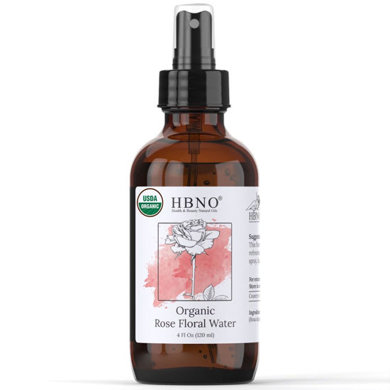 Picture of HBNO California Bottled Organic Rose Water for Face 4 fl oz (120ml) - USDA Certified Organic Rose Water Spray for Face - Pure Rose Water for Hair - Rosewater Face Mist, Rose Water Spray for Cleansing