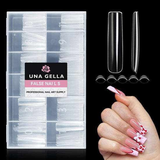 Picture of UNA GELLA Nail Tips Square Gel Nails Tips 216 PCS No C Curve Nail Tips XXL Extra Long Nail Tips Full Cover Square Straight Tips No C Curved Fake Nails Tapered Square Nails For Acrylic Nails