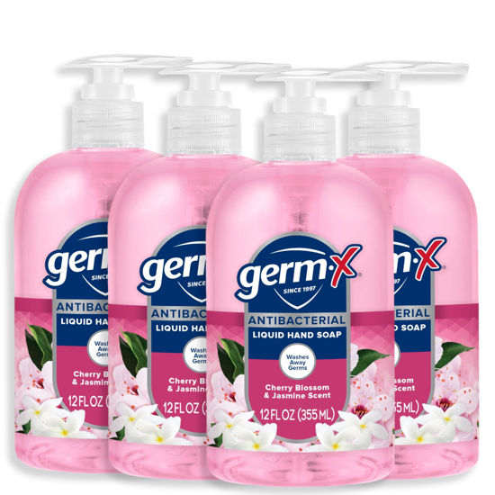Picture of Germ-X Antibacterial Hand Soap, Moisturizing Liquid Hand Wash for Kitchen or Bathroom, pH Balanced & Dermatologist Tested, Jasmine & Cherry Blossom, 12 oz Pump Bottle (Pack of 4)