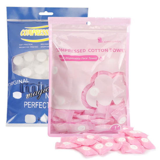 Picture of Classycoo Compressed Towel 200 PCS Mini Tablets Disposable Portable Face Towel Cotton Coin Tissue for Travel, Camping,Hiking, Sport,Beauty Salon,Home Hand Wipes and Other Outdoor Activities Pink+Blue