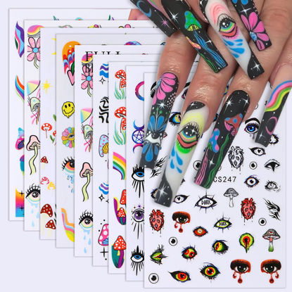 Picture of 8 Sheets Nail Art Stickers Graffiti Flower Evil Eye 3D Self-Adhesive Nail Decals Rainbow Mushroom Star Moon Designs Nail Decorations Summer Nail Stickers Colorful Nail Supplies for Women DIY Manicure