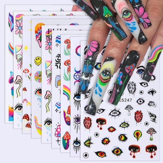 Picture of 8 Sheets Nail Art Stickers Graffiti Flower Evil Eye 3D Self-Adhesive Nail Decals Rainbow Mushroom Star Moon Designs Nail Decorations Summer Nail Stickers Colorful Nail Supplies for Women DIY Manicure