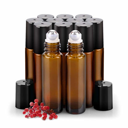 Picture of sungwoo 12 Pack Essential Oil Roller Bottles Stainless Steel, 10ml Amber Glass Roller Bottles with Caps for Travel, Perfume and Lip Gloss