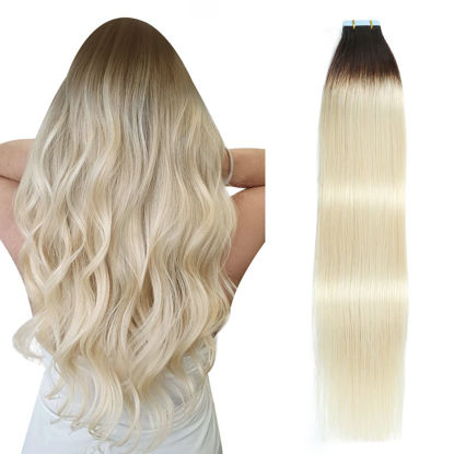 Picture of SUYYA Tape in Hair Extensions Human Hair Ombre Darkest Brown to Platinum Blonde 12 Inch 40g/pack 20pcs Straight Seamless Skin Weft Tape in Real Human Hair Extensions(12inch #T2/60)