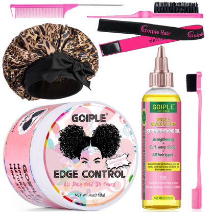 Picture of Edge Control Wax for Women Strong Hold - Edge Smoother Edge Wax Styling Tamer Edge Control Wax for Black Hair - Rose & Castor Hair Oil for Hair Growth Strengthening Hair Oil Briad Bonnet Brush Set