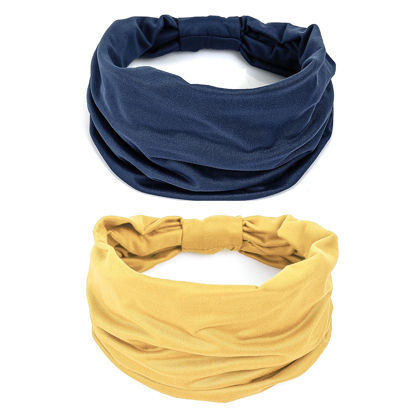 Picture of GILI 2 Pack Wide Headbands for Women Boho African Knotted Non Slip Fashion Hair Bands Yoga Running Sports Workout Gym Head Wraps Elastic Soft Cotton Cloth Turbans Bandana for Girls(Yellow,Navy)