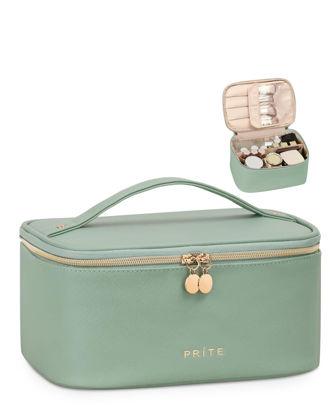 Picture of Prite Makeup Bag, Large Capacity Portable Travel Cosmetic Bag, Waterproof Makeup Organizer for Women with Handle and Divider(Green)