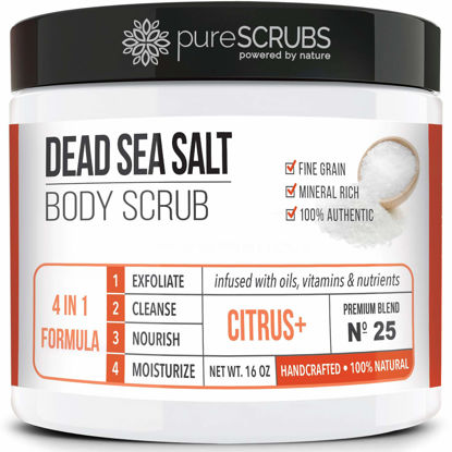 Picture of pureSCRUBS Premium Citrus Body Scrub Set - Large 16oz Dead Sea Salt Body Scrub With Infused Essential Oils & Nutrients, Includes Wooden Spoon, Loofah & Oatmeal Exfoliating Bar Soap