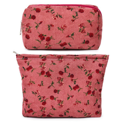 Picture of SOIDRAM 2 Pieces Rose Makeup Bag Large Cosmetic Bag Capacity Canvas Mix Travel Toiletry Bag Organizer Cute Makeup Brushes Aesthetic Accessories Storage Bag for Women, Rose Mix Green Red
