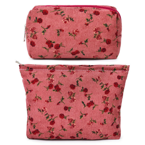 Picture of SOIDRAM 2 Pieces Rose Makeup Bag Large Cosmetic Bag Capacity Canvas Mix Travel Toiletry Bag Organizer Cute Makeup Brushes Aesthetic Accessories Storage Bag for Women, Rose Mix Green Red
