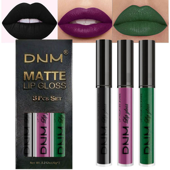 Picture of evpct DNM 3Pcs Dark Black Grape Plum purple Emerald Green Matte Liquid Lipstick Lip Stain Sets for Women Matte+Lipstick Long Lasting 24 hr Hours Magic Lipstick 24 Hours original Waterproof 18#