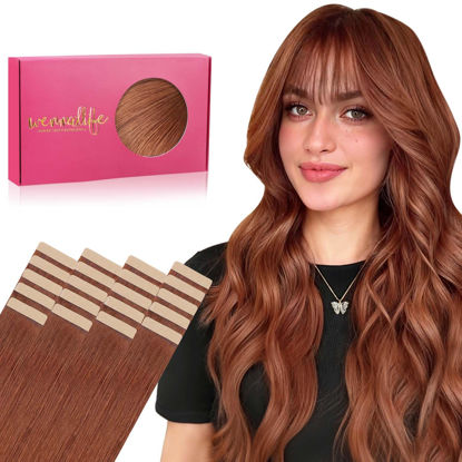 Picture of WENNALIFE Tape in Hair Extensions Human Hair, 20pcs 50g 14 inch Dark Auburn Copper Remy Hair Extensions Straight Human Hair Tape in Extensions Skin Weft Tape Extensions Human Hair