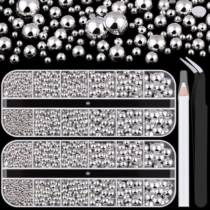Picture of Belleboost Flat Back Pearls Kits, 2 Boxes Flatback Silver Half Round Pearls with Pickup Pencil and Tweezer for Crafting Home DIY and Professional Nail Art, Face Makeup and Craft