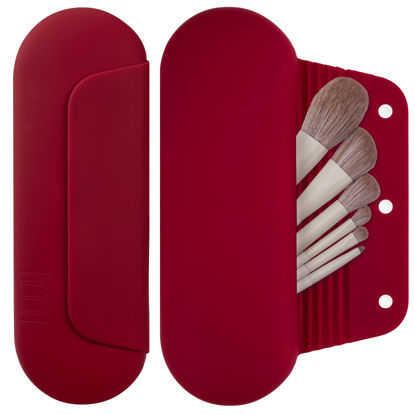 Picture of AGIKET Silicone Makeup Brush Holder Travel Cosmetic Bag：Soft Portable Cosmetic Face Brushes Holder with Upgrade Anti-Fall Out Magnetic Closure, Large Travel Makeup Brush Case - Red