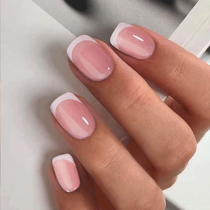 Picture of Press on Nails Short Square Acrylic Fake Nails with Apricot Design Full Cover False Nails Glossy Nude Glue on Nails Artificial Stick on Nails for Women 24Pcs (Frencn Beige Pink)