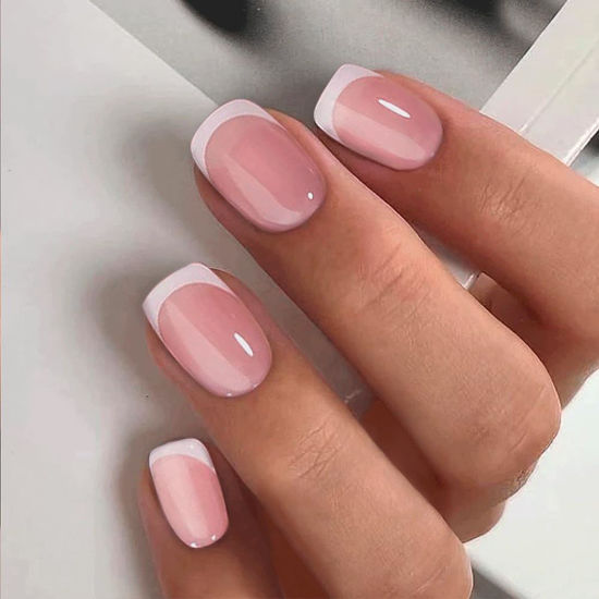 Picture of Press on Nails Short Square Acrylic Fake Nails with Apricot Design Full Cover False Nails Glossy Nude Glue on Nails Artificial Stick on Nails for Women 24Pcs (Frencn Beige Pink)