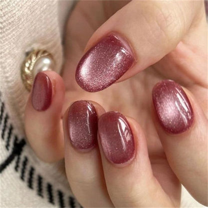 Picture of Press on Nails Short Square Acrylic Fake Nails with Apricot Design Full Cover False Nails Glossy Nude Glue on Nails Artificial Stick on Nails for Women 24Pcs (Cat Eye Pink)