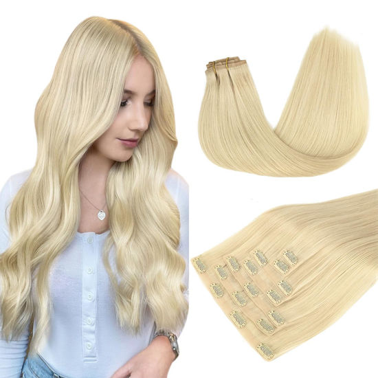 Picture of DOORES Seamless Clip in Hair Extensions, Bleach Blonde 130g 7pcs 18 Inch, Human Hair Extensions Remy Hair Clip ins Extensions Seamless Thick Straight Hair Thin Weft Invisi Edge Hair Extensions