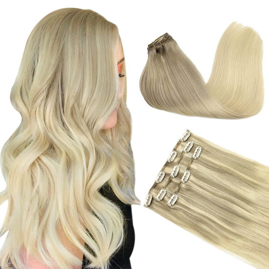 Picture of DOORES Clip in Hair Extensions, 70g 3pcs Balayage Ash Blonde to Golden Blonde and Platinum Blonde 22 Inch Human Hair Extensions Clip in Natural Hair Extensions