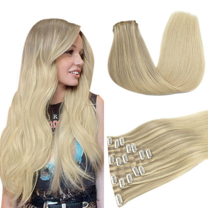 Picture of DOORES Human Hair Clip in Extensions, Ash Blonde to Golden Blonde and Platinum Blonde 22 Inch 7pcs 110g, Invisi Edge Hair Extensions Seamless Clip in Hair Extensions Clip in Real Human Hair Straight