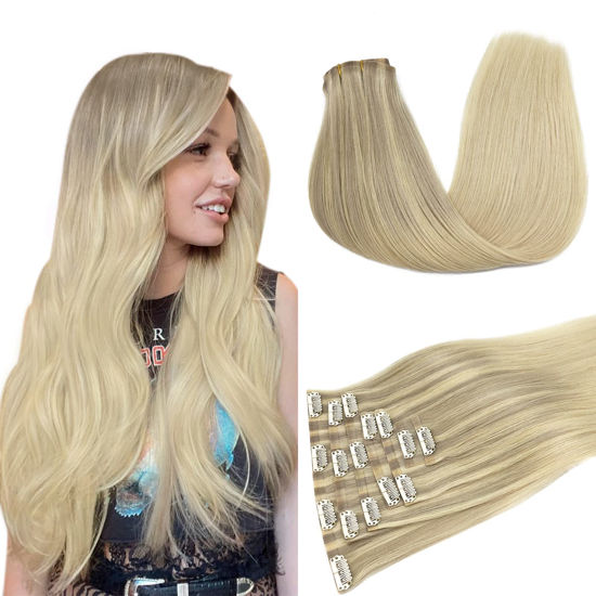 Picture of DOORES Human Hair Clip in Extensions, Ash Blonde to Golden Blonde and Platinum Blonde 22 Inch 7pcs 110g, Invisi Edge Hair Extensions Seamless Clip in Hair Extensions Clip in Real Human Hair Straight