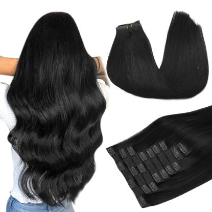 Picture of Clip in Human Hair Extensions, Jet Black 130g 9pcs 14 Inch, DOORES Seamless Hair Extensions Clip ins Natural Hair Extensions Straight Thick Hair Extensions Remy Human Hair