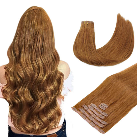 Picture of DOORES Seamless Clip in Hair Extensions, Medium Auburn 18 Inch 130g 7pcs, Hair Extensions Seamless Clip ins Straight Natural Hair Real Hair Skin Weft Invisi Edge Hair Extensions
