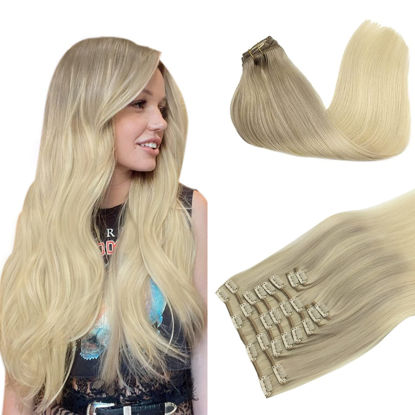 Picture of DOORES Hair Extensions Clip in Human Hair, 10pcs 160g 18 Inch Balayage Ash Blonde to Golden Blonde and Platinum Blonde Clip in Hair Extensions Straight Natural