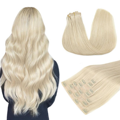 Picture of DOORES Clip in Hair Extensions Human Hair, Platinum Blonde Virgin Human Hair Clip in Extensions, Invisible Edge Clip in, 130g 7pcs 16 Inch Silky Straight Human Hair Extensions for Women