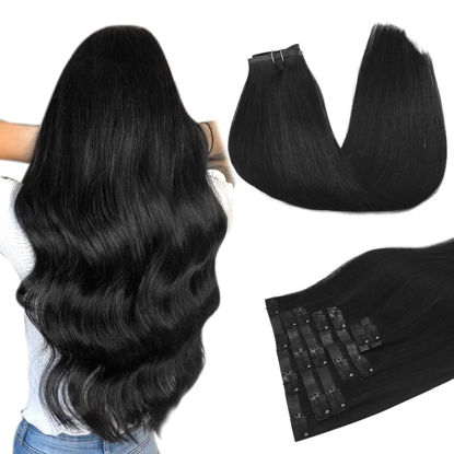 Picture of DOORES Hair Extensions Real Human Hair, Jet Black 160g 7pcs 24 Inch, Hair Extensions Clip in Human Hair Extensions Clip ins Straight Hair Remy Natural Hair Invisi Edge Hair Extensions