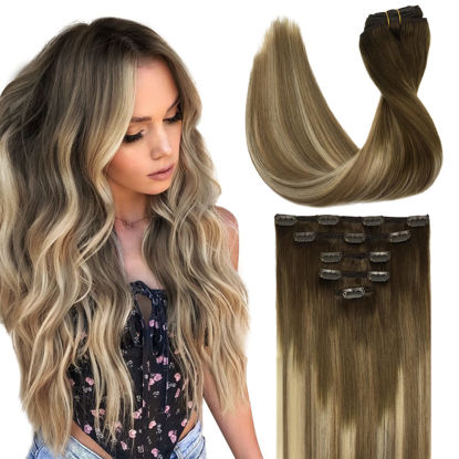 Picture of DOORES Hair Extensions Clip Ins Human Hair Extensions, 5pc 75g 16 Inch Balayage Walnut Brown to Ash Brown and Bleach Blonde Clip in Hair Extensions Real Human Hair Natural Straight