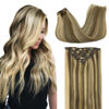 Picture of DOORES Hair Extensions Clip in Human Hair Medium Brown Highlighted Golden Blonde 120g 7pcs 18 Inch Remy Clip in Human Hair Extensions Natural Human Hair Extensions