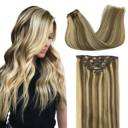 Picture of DOORES Hair Extensions Clip in Human Hair Medium Brown Highlighted Golden Blonde 120g 7pcs 18 Inch Remy Clip in Human Hair Extensions Natural Human Hair Extensions