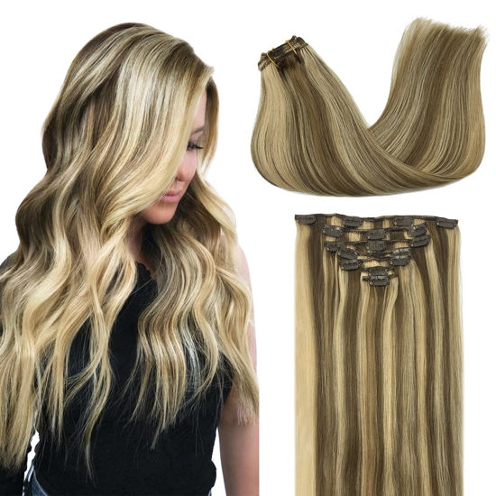 Picture of DOORES Hair Extensions Clip in Human Hair Medium Brown Highlighted Golden Blonde 120g 7pcs 18 Inch Remy Clip in Human Hair Extensions Natural Human Hair Extensions